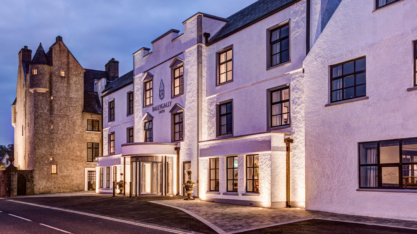 exterior of Ballygally Castle Hotel at dusk