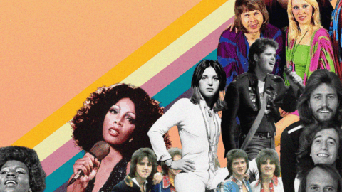 Collage of 1970s pop and rock musicians in colorful outfits, arranged diagonally on a retro, striped background.