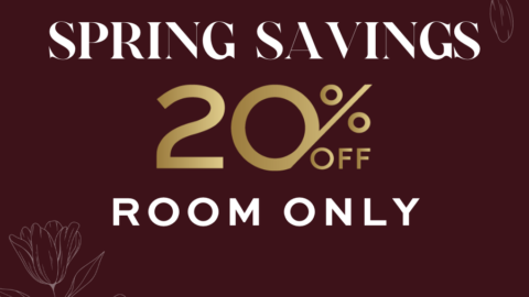Enjoy 20% spring discounts on room bookings, with elegant floral design on a rich burgundy background.