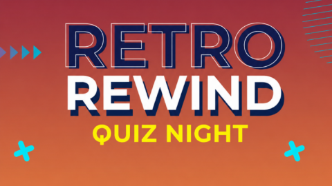 Vibrant retro-themed quiz night poster with cassette tape and colourful abstract designs in a sunset gradient background.